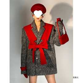 洺惠元2025冬季欧货红色圣诞新年小香风气质名媛蝴蝶结毛呢外套高