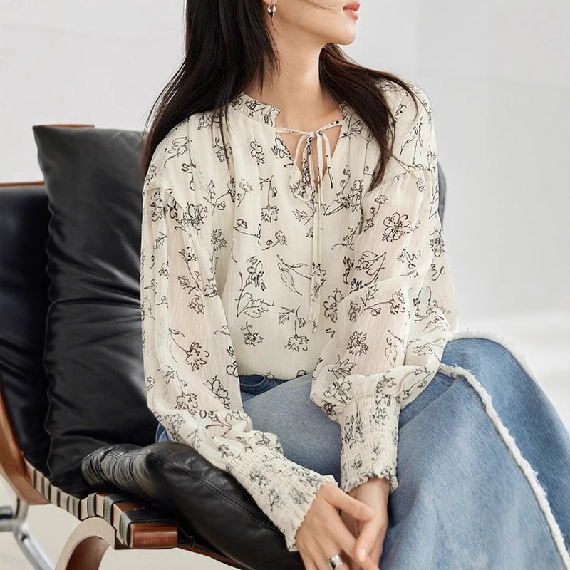French Elegant Ear-rimmed Loose Chiffon Shirt Women's 2025 Spring New High-end Printed Thin Top