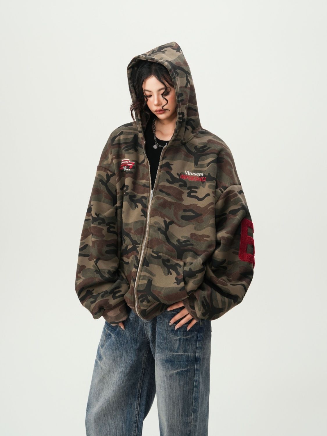 American Streetwear Camouflage Cardigan Hoodie Unisex Couples Spring Vintage Trendy Oversized Casual Hooded Sweatshirt