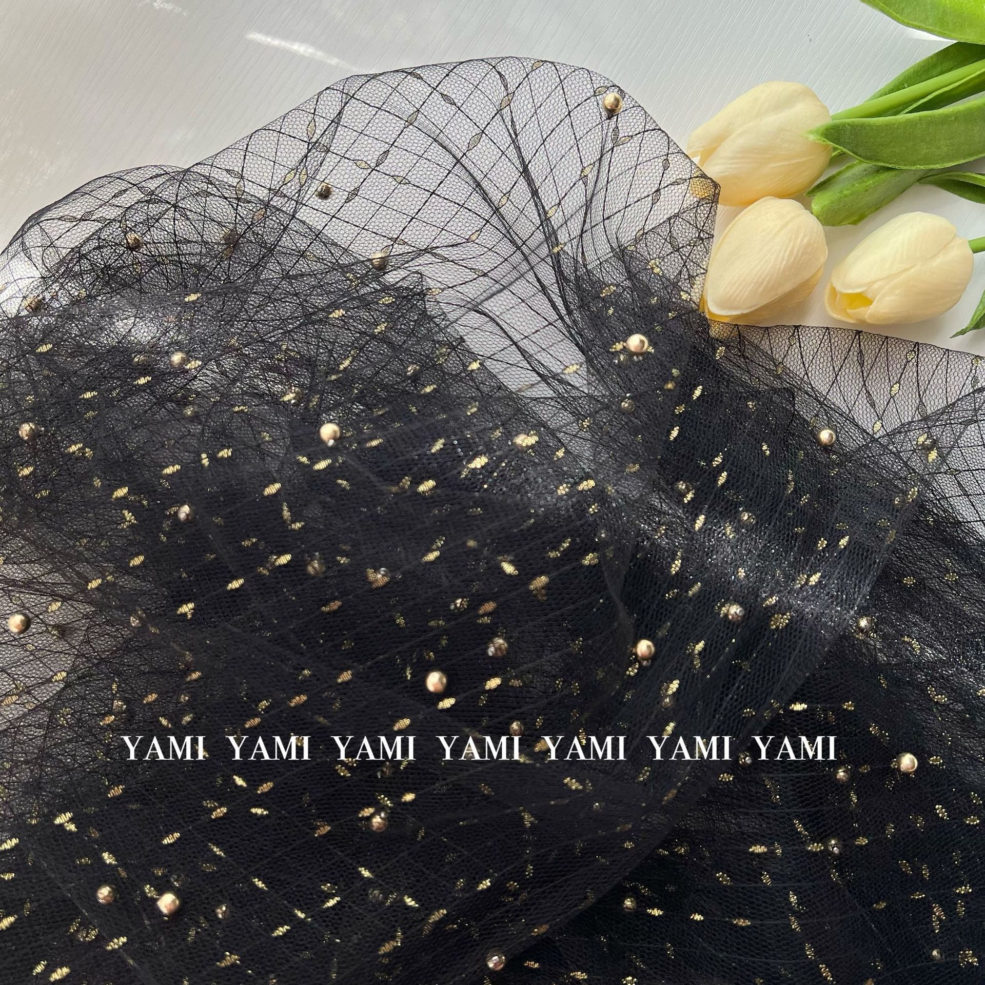 En stock al por mayor barra vertical círculo con incrustaciones de oro de seda jacquard malla perla artesanía malla tela de encaje