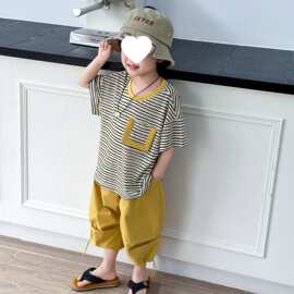 男童夏季新品撞色圆领卷边套头条纹口袋短袖儿童套装休闲新款夏季