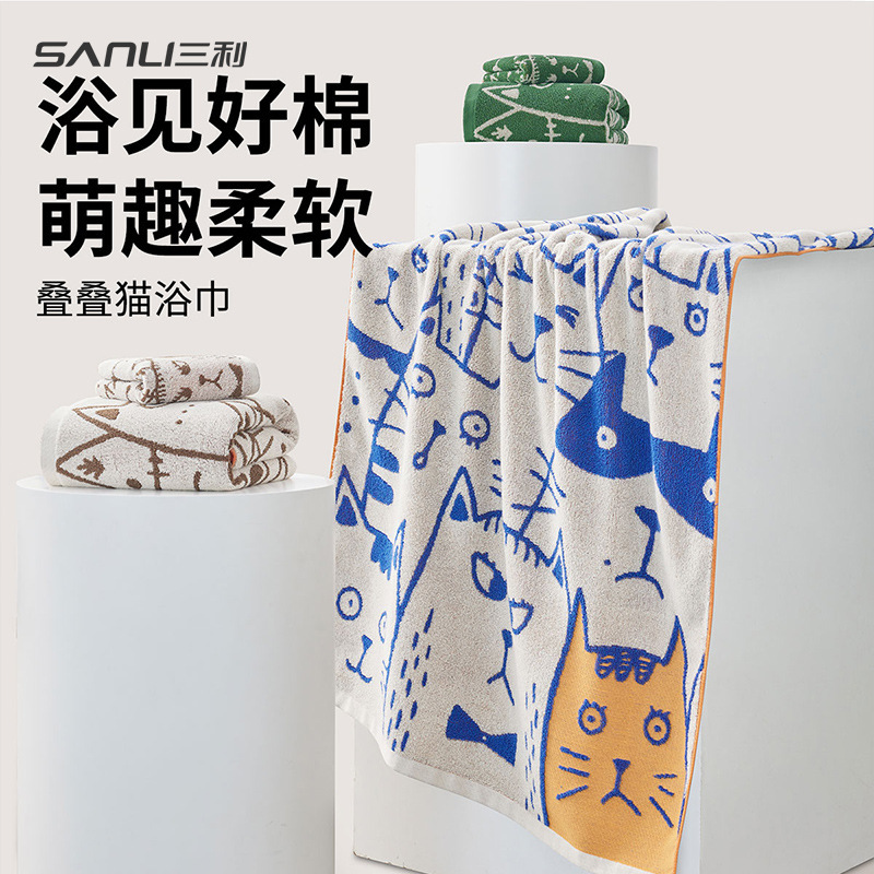 三利毛巾跨境純棉提花貓浴巾塗鴉成人浴巾72*140裹澡巾情侶沙灘巾