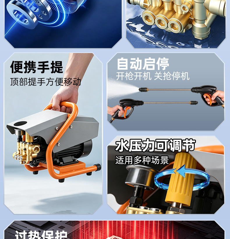 High-pressure car wash machine, suitable for home and commercial use, 220V, for cleaning farms and courtyards, with a powerful water gun and high-power water pump