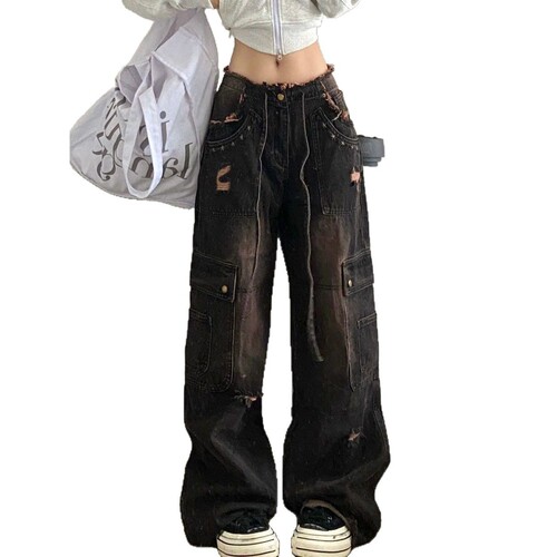 American retro washed frayed workwear jeans for women, high street straight-leg loose and slimming wide-leg floor-length pants, trendy