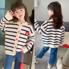 女童春秋季開衫毛衣條紋衫外套針織衫條子洋氣網紅線衫外穿彈力潮