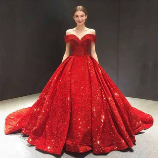 外贸蓬蓬裙2026新娘舞会一字肩红色梦幻拖尾婚纱礼服女亚马逊ebay