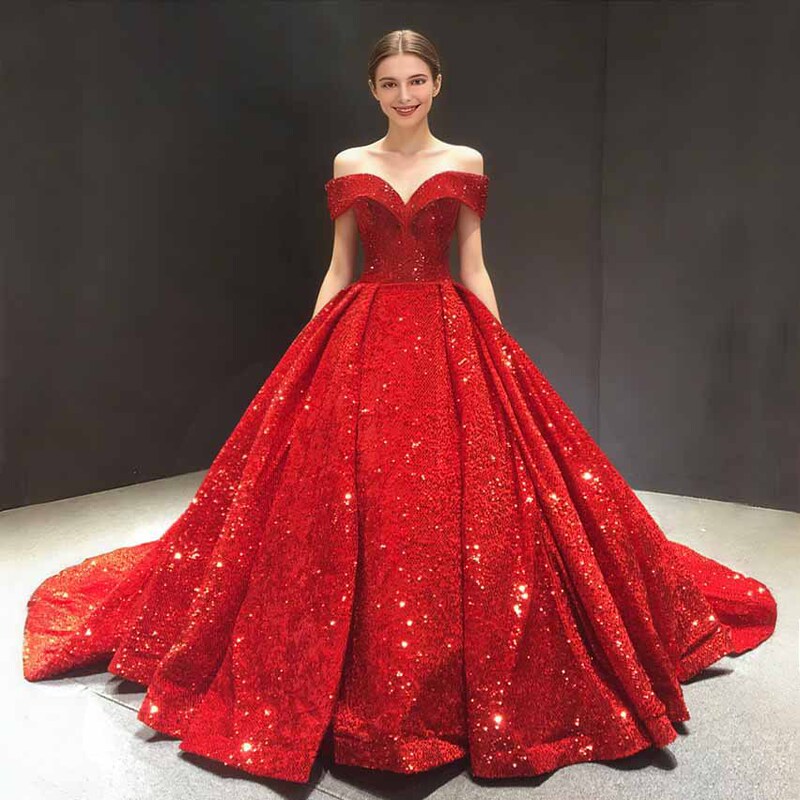 Foreign Trade Puffy Skirt 2026 Bride Ball Gown Off-Shoulder Red Dreamy Trailing Wedding Dress for Women Amazon Ebay