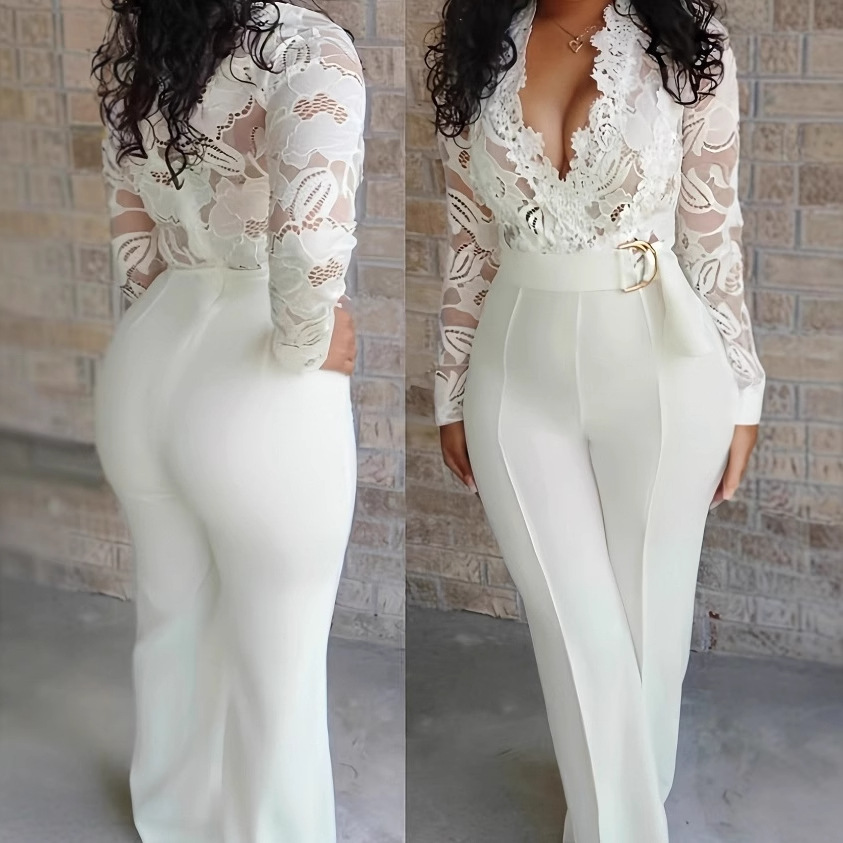 European and American Autumn New Style Sexy Deep V White See-Through Lace Patchwork Jumpsuit Wholesale for Women with Belt