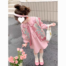 女童春秋款2025韓版純棉花邊領連衣裙碎花復古針織