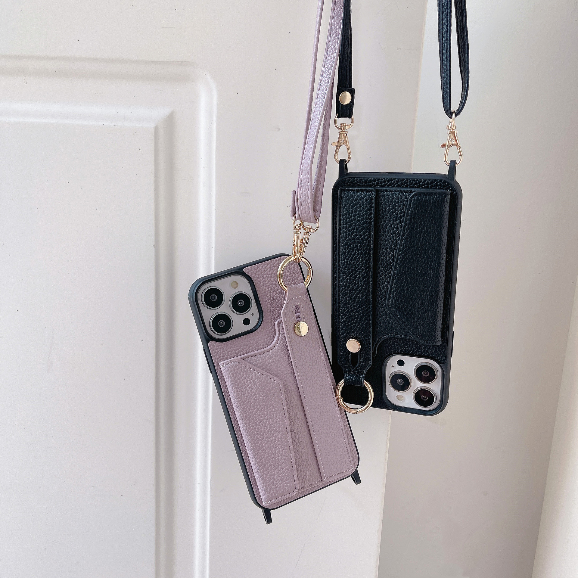 TechGlobe Suitable For IPhone 17 Pro Max Wrist Phone 12/13 Crossbody Shoulder Strap Card Slot Protective Leather Case_voghion.com