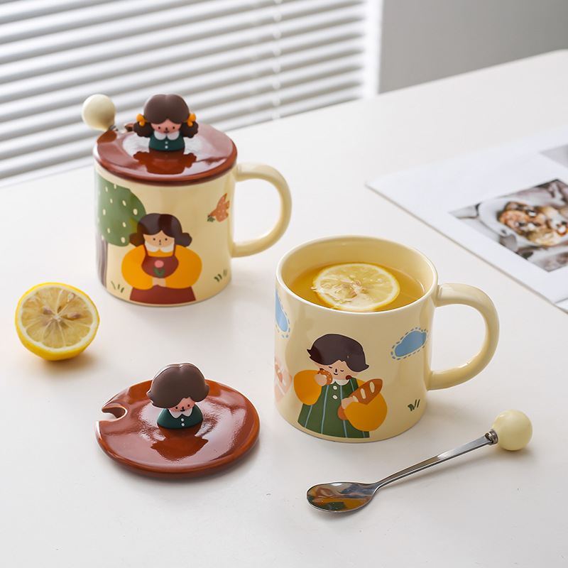 Leche fufu dibujos animados lindo taza chica Taza de cerámica pareja taza de agua oficina en casa taza de desayuno con tapa cuchara
