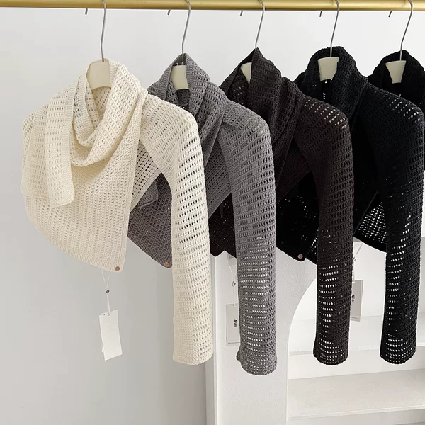 Korean-style high-end wool knitted hollow-out scarf, shirt shawl for women, solid color versatile warm neck scarf for air-conditioned rooms