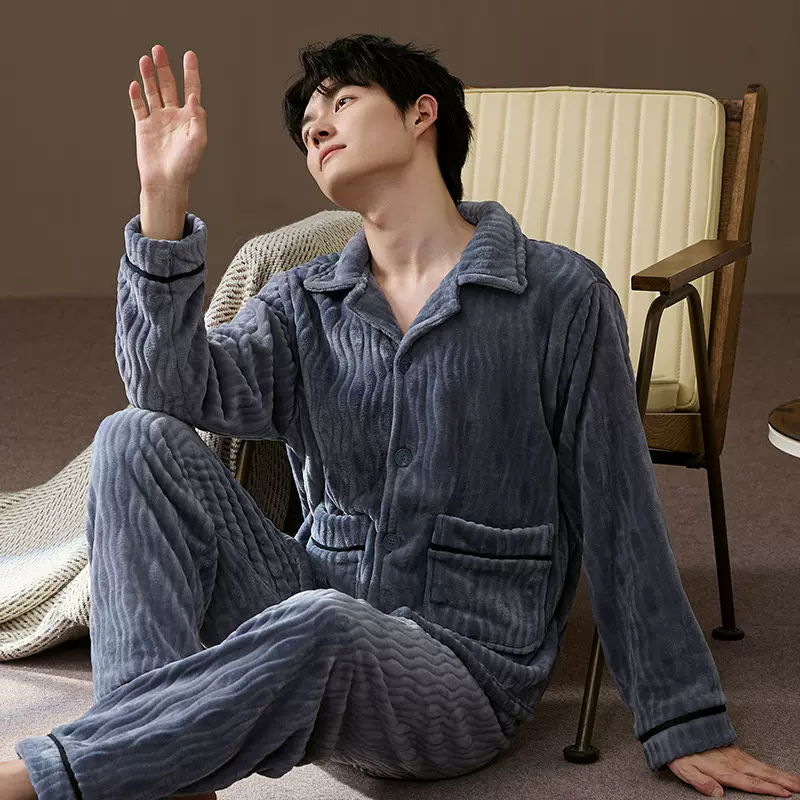 双面法兰绒睡衣男士秋冬加厚保暖加大码舒适条纹长袖家居服两件套
