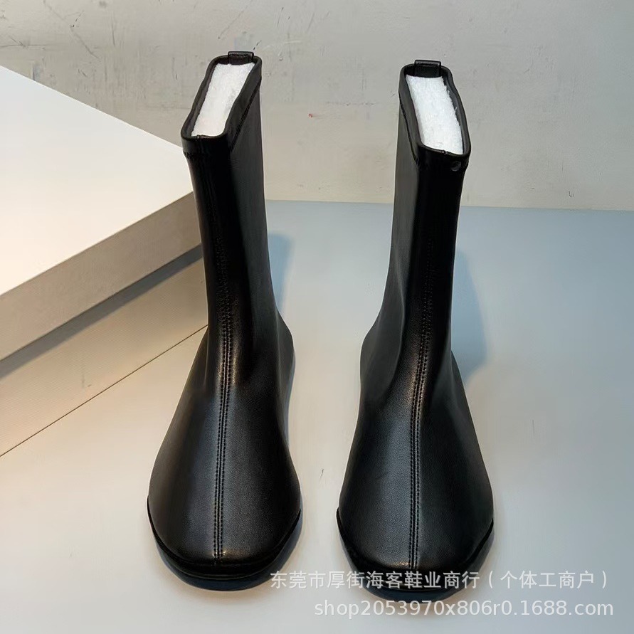 순수 오리지널 심플 스타일 소프트 할머니의 부츠 라운드 발가락 플랫-하단 편안한 짧은 부츠 양가죽 슬립 온 양말 스트레치 부츠