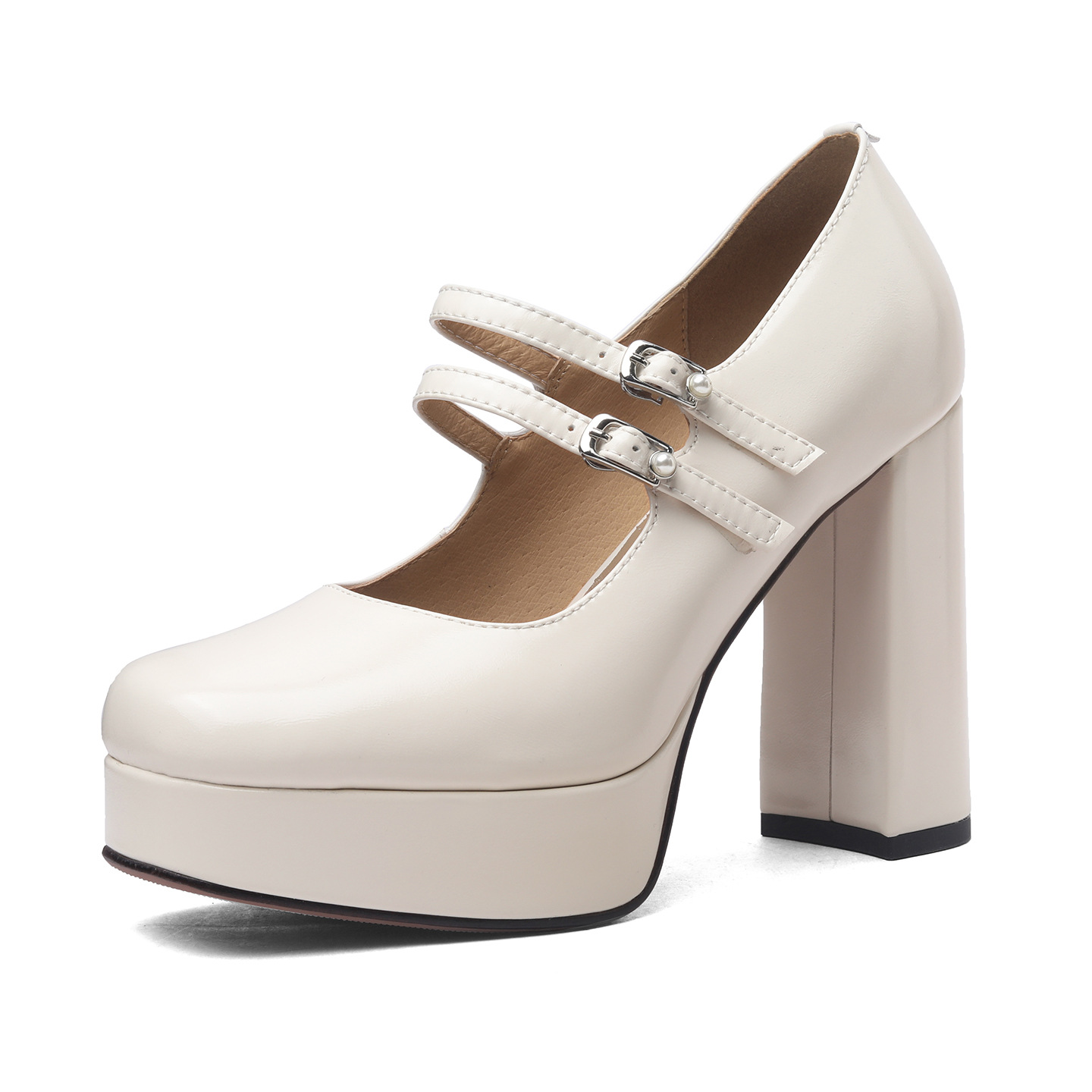 Giày cao gót nữ Mary Jane đế xuồng platform mũi vuông quai đôi khóa, gót 9 cm — màu trắng ngà, màu nude