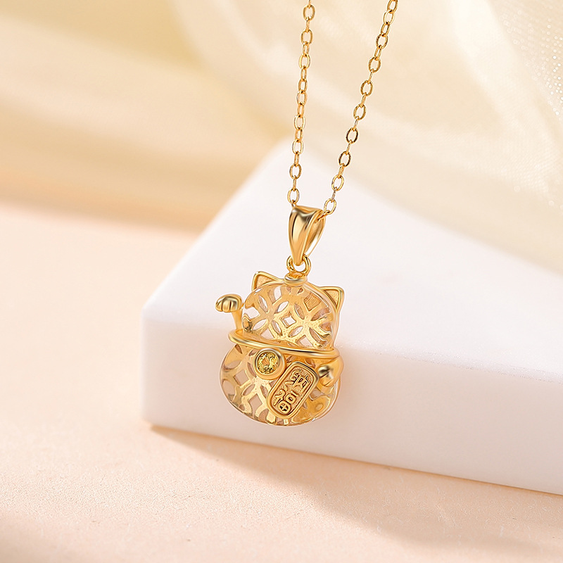 Mặt dây chuyền bạc S925 mạ vàng đính pha lê trắng hình mèo thần tài phong thủy mới — Bạch thủy tinh vàng (không kèm dây)