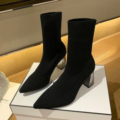 2025新款黑色英伦风高跟袜子靴尖头针织时装短靴女粗跟大码弹力靴
