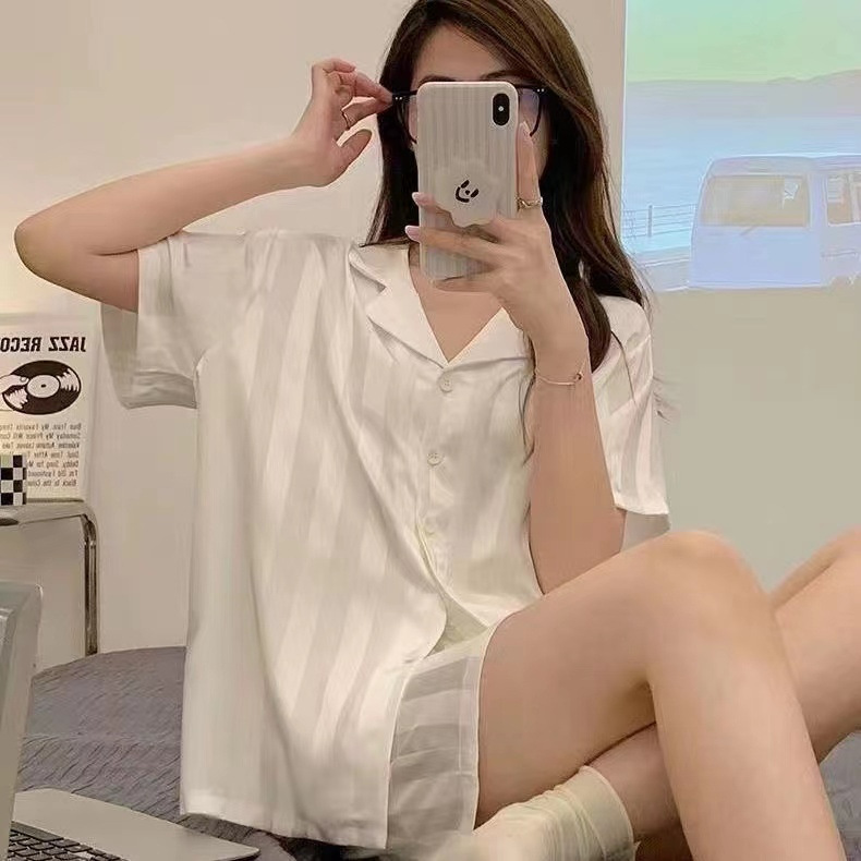 ins新款睡衣女单提花仿真丝冰丝长袖长裤韩版宽松可外穿家居服套|undefined