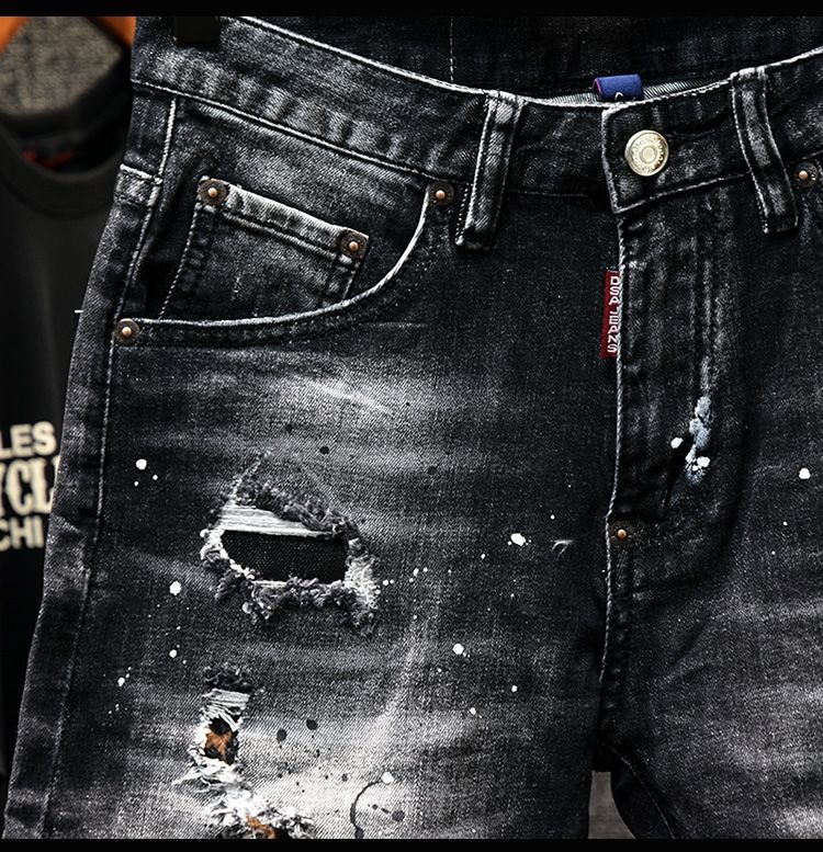 Men's Slim Fit Denim Shorts Trendy Stylish Spray Paint Ripped Patched Black Stretch Summer Five Point Pant_mkmklike.com