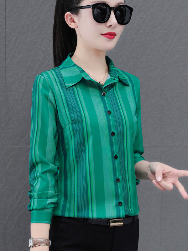中年女士衬衫女春秋2025新款妈妈衬衣秋季薄款开衫长袖竖条纹上衣|undefined