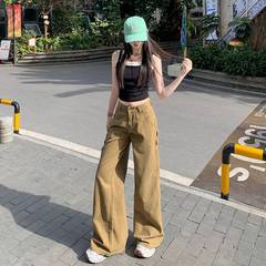 批发美式复古低腰水洗辣妹工装裤女直筒微喇休闲裤长裤加长