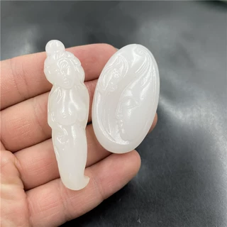 老玉匠 阿富汗白玉美人鱼吊坠 白玉莲花观音挂件 玉坠