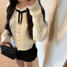 小香风蝴蝶结麻花针织开衫上衣女设计感白色甜美气质毛衣外套秋季