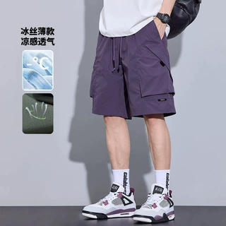 紫色工装短裤男士夏季薄款2026新款宽松户外夏天冰丝休闲五分裤子