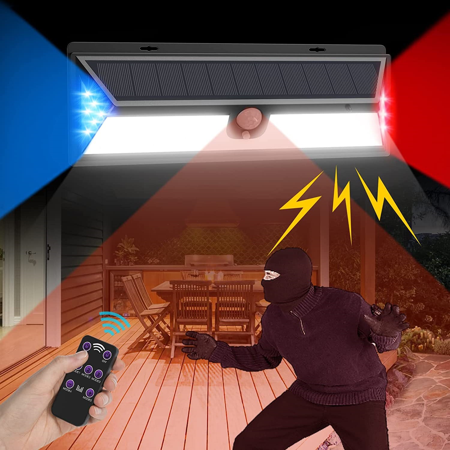 太阳能报警壁灯三面LED人体感应壁灯农场花园驱赶动物防盗庭院灯