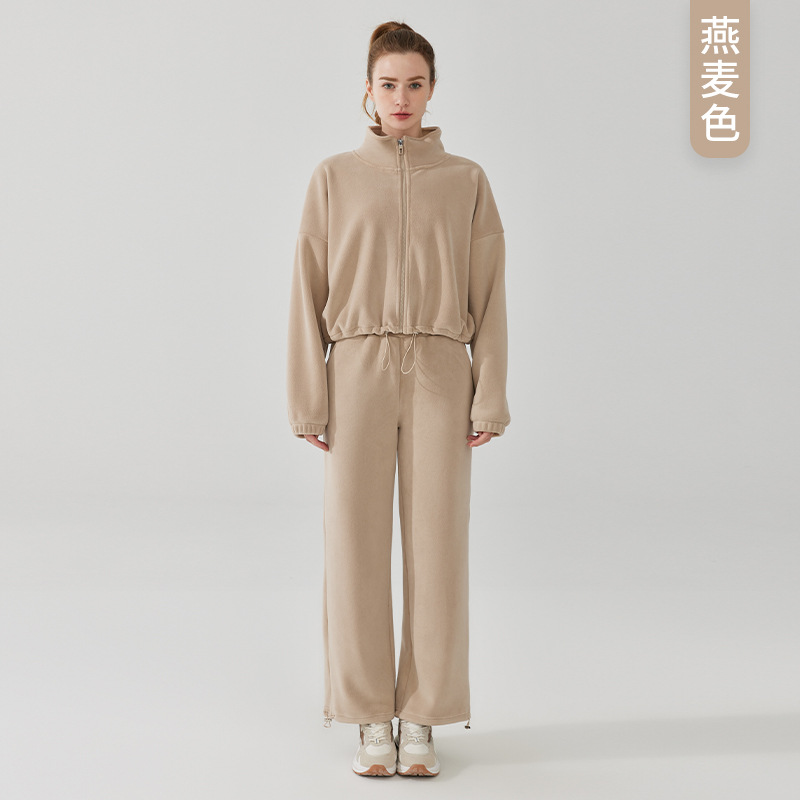Suéter de cuello alto con cremallera de lana para mujer conjunto de dos piezas Otoño e Invierno engrosado cálido deportes Top pantalones traje casual