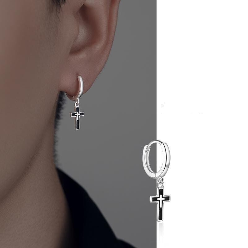Earrings for Men with a High-End Feel, Simple Black Cross Pendant, Single Piece, Minimalist Style, Trendy Brand, Versatile Men's Ear Clip