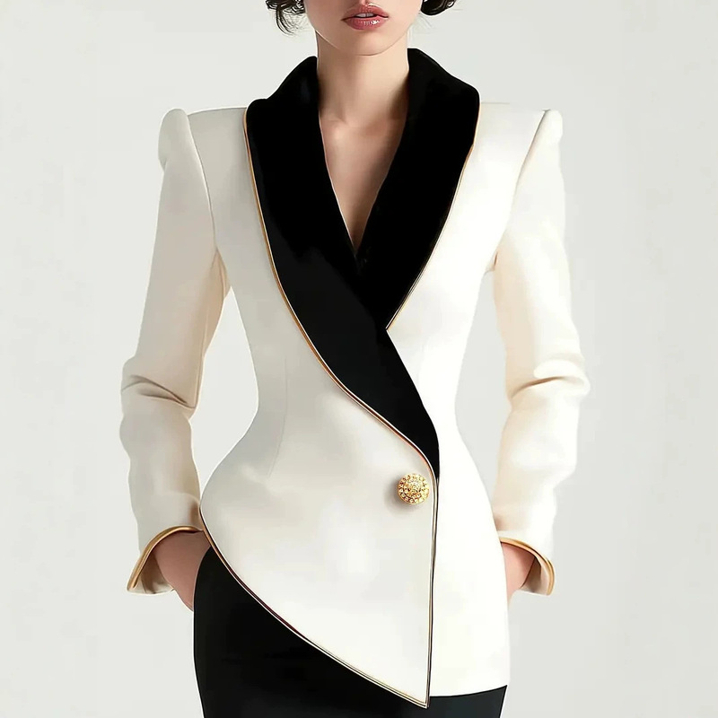 Autumn and Winter Women's Black Collared Blazer, Slim-Fit Asymmetrical Gold-Trimmed Elegant Blazer, Linen Blazer for Women Autumn and Winter Women's Black Collared Blazer, Slim-Fit Asymmetrical Gold-Trimmed Elegant Blazer, Linen Blazer for Women