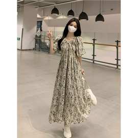 胖妹妹2023夏新款气质V领茶歇遮肉显瘦连衣裙一字肩碎花长裙