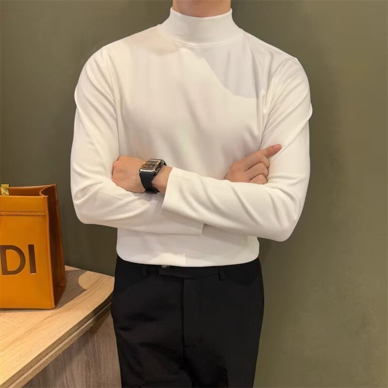 가을, 겨울 새로운 트렌드 솔리드 컬러 하프 하이 칼라 슬림 긴팔 티셔츠 남성용 독일 벨벳 바닥 모델 도매
