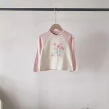 G24秋款 韩版童装国内专柜外贸尾单女童小花撞色插肩长袖体恤TTLA