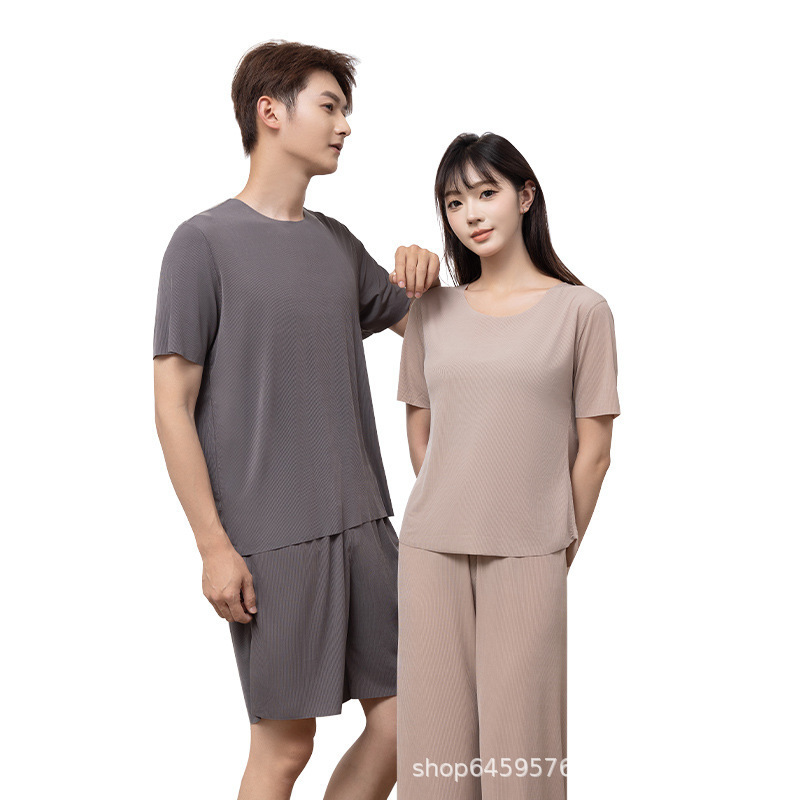凉感冰丝情侣家居服春夏季男女短袖简约无痕纯色睡衣套装现货批发|undefined
