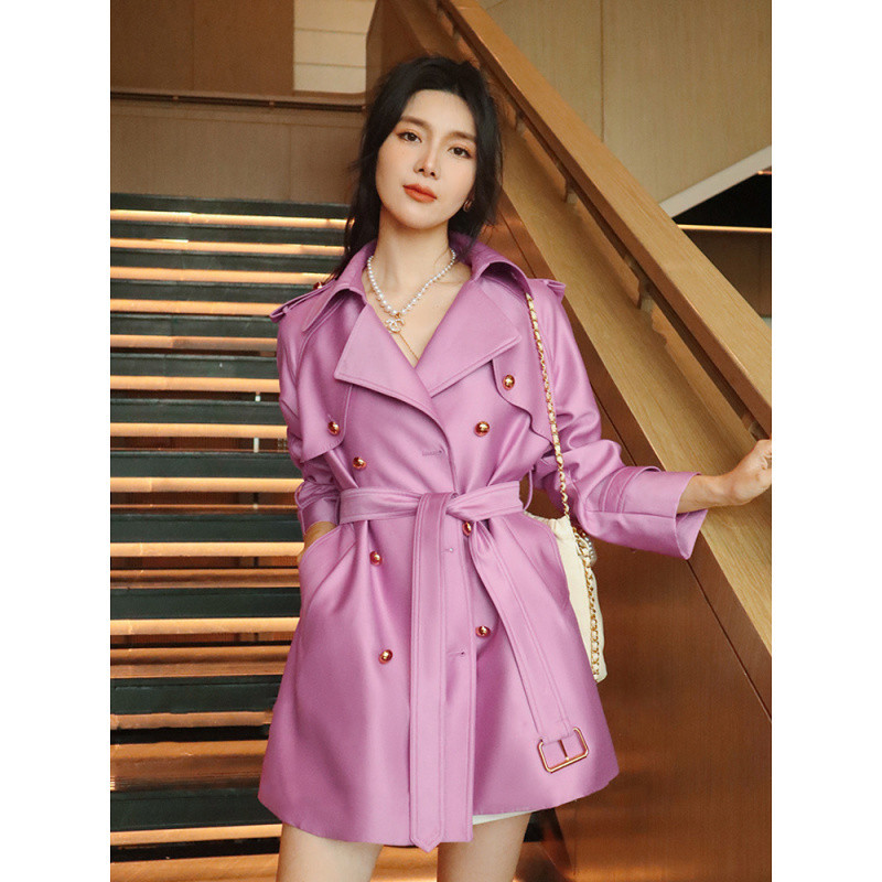 봄과 가을 새로운 스타일 셀러브리티 기질 하이엔드 핑크 라이트 럭셔리 품질 미디엄 및 롱 더블 브레스트 레이스업 트렌치 코트 여성용