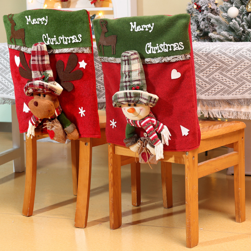 Novas decorações de mesa e cadeira de Natal Papai Noel boneco de neve estéreo boneca capa de cadeira vestido de casa_voghion.com