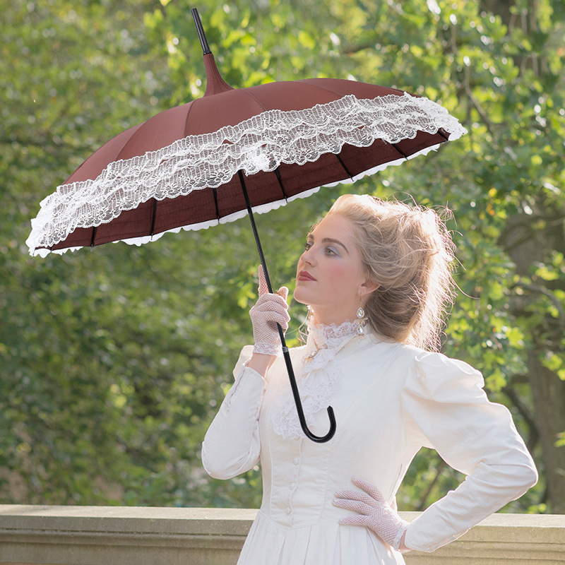 Lotus 16-Bone French Pagoda Umbrella Lace Umbrella Wedding Umbrella Long Handle Straight Umbrella Parasol Sun Protection Umbrella Wholesale