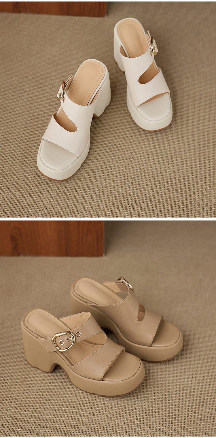 Dép sandal nữ đế xuồng cao 10cm da thật quai khóa mũi hở mùa hè — màu trắng ngà, màu mơ chi tiết 13