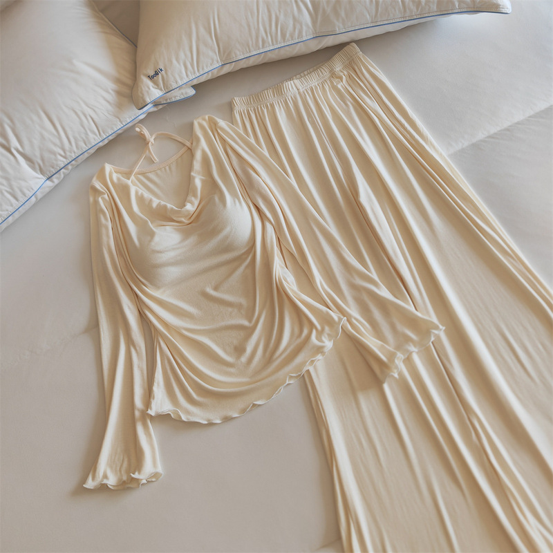 New Spring, Autumn and Winter Modal Women's Pajamas, Pure Lust Style, Swung Collar, Chest Pad, Slightly Flared Long-Sleeved Two-Piece Home Clothes