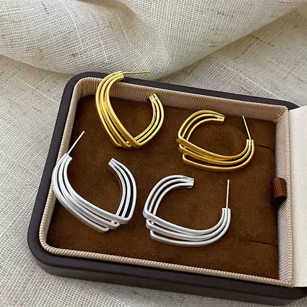 Copper Gold-Plated European and American Style Multi-Layer C-Shaped Matte Brushed Earrings for Women, New High-End Fashion Hoop Earrings