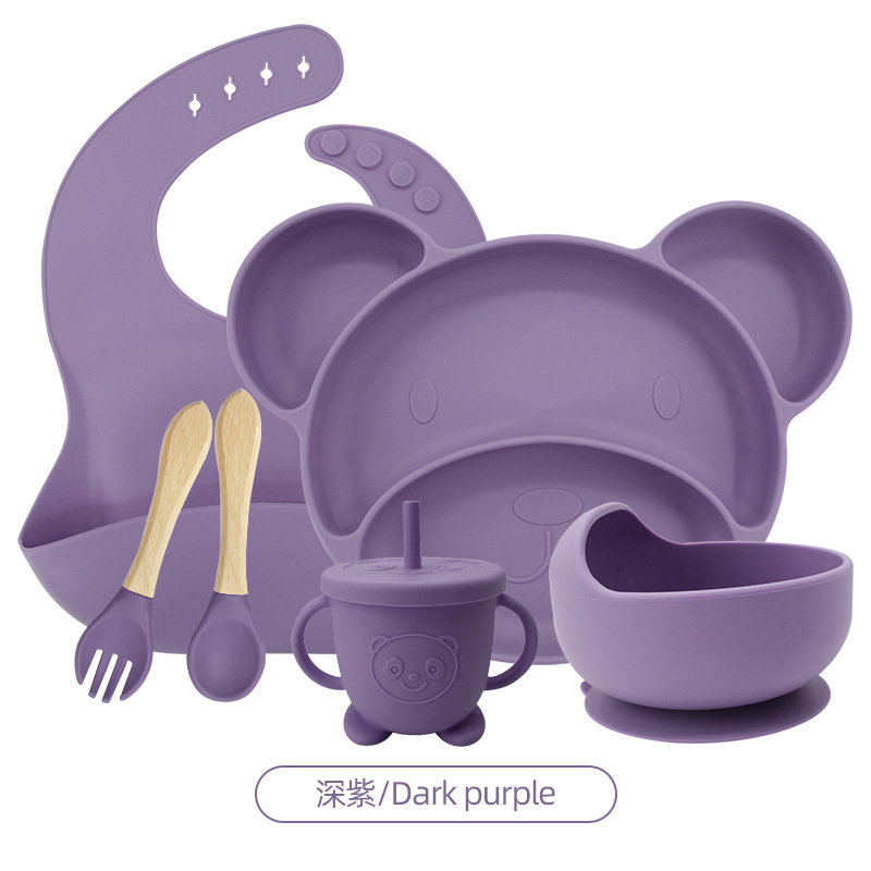 다크 퍼플 6 피스 세트 (턱받이 + 작은 미키 플레이트 + 그릇 + 나무 포크 스푼 + 곰 짚 컵)