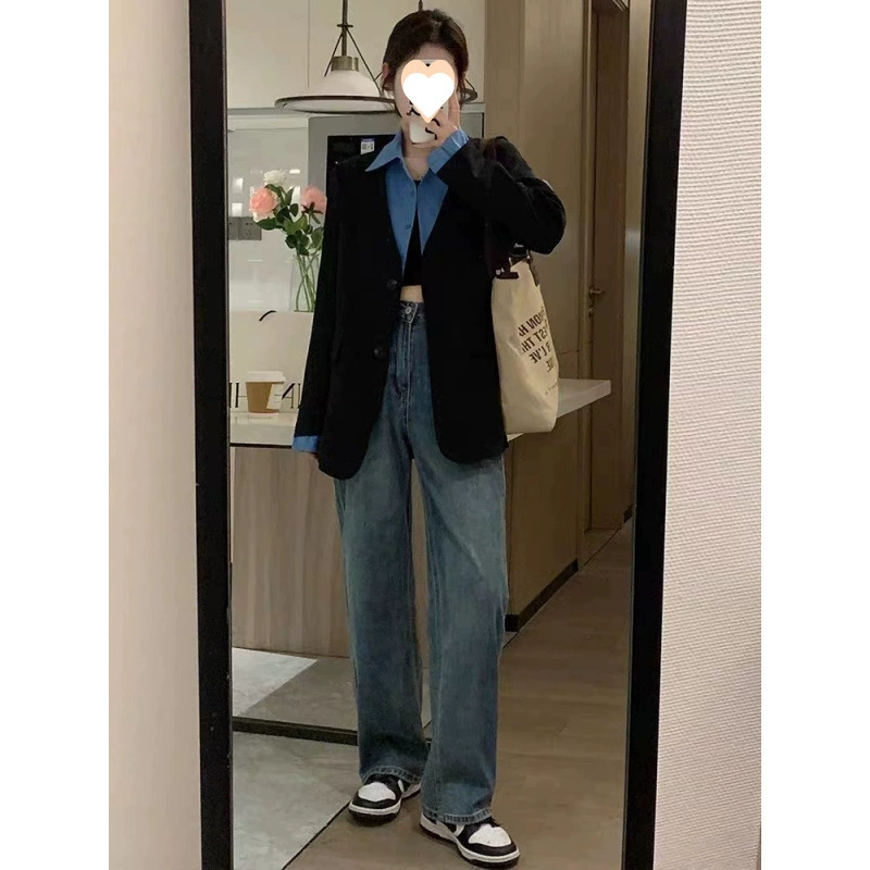 Черный поддельный пиджак из двух частей женский 2025 новый весенний и осенний корейский стиль