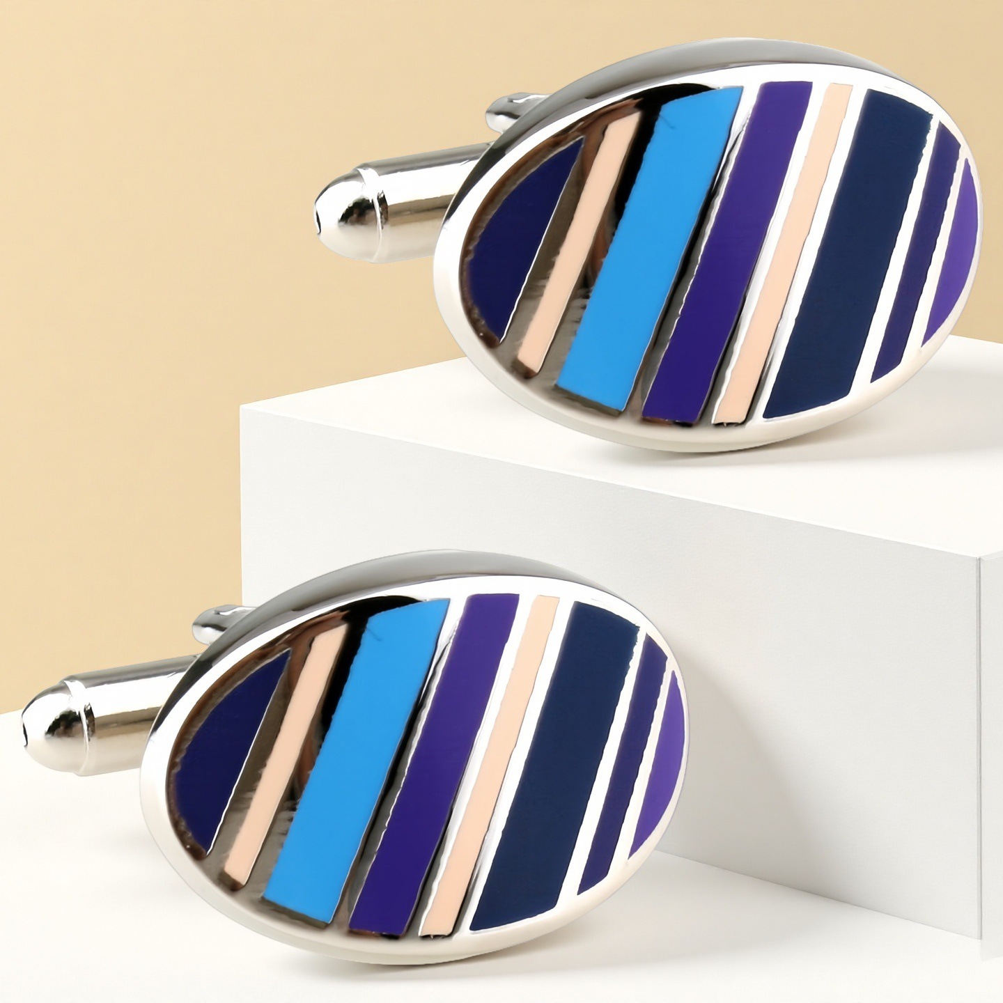High Quality French Cufflinks Cuff Cuff Studs Men's cufflinks Oval Colorful Striped Cufflinks Dark Blue