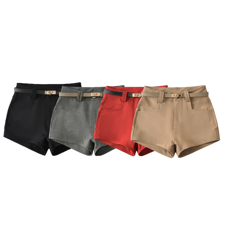 Khaki Old Money Style Casual Shorts for Women, Summer Retro with Belt, Sexy Tight-Fitting Versatile Hot Pants