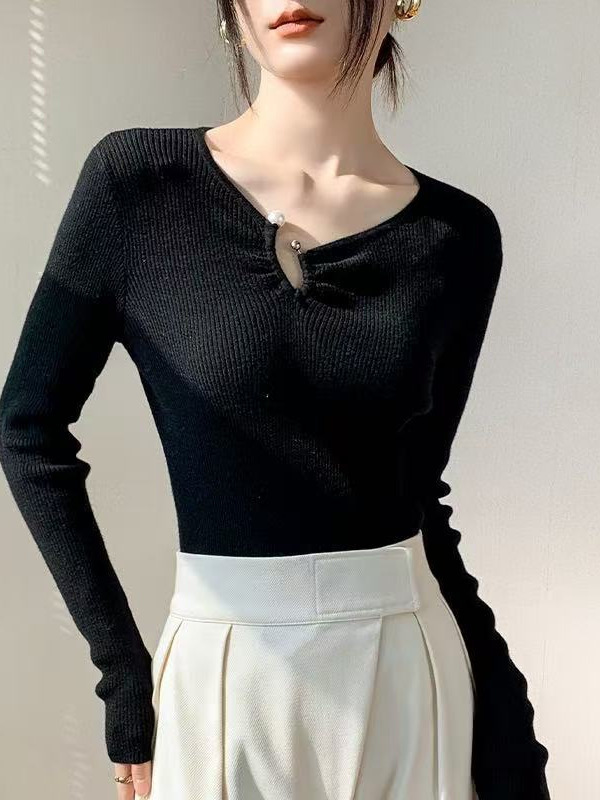 哥家商场同款女装2025秋季V领针织打底衫小众设计感修身显瘦上衣|undefined