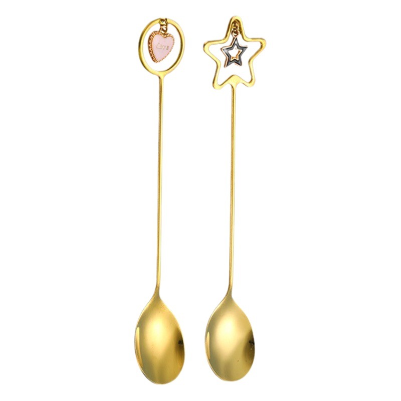 304 acero inoxidable de cinco puntas estrella colgante cuchara de agitación Chapado en titanio hueco colgante en forma de corazón café postre cuchara fruta tenedor