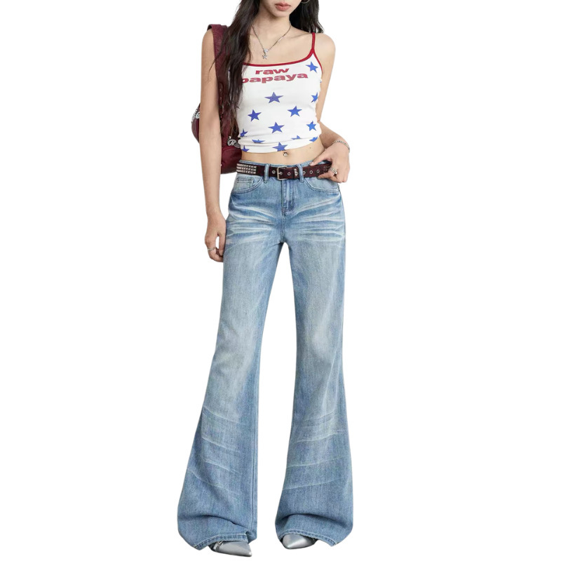 Customized OEM/ODM light blue jeans with washed texture, trendy floor-length, non-clingy, slightly flared pants Customized OEM/ODM light blue jeans with washed texture, trendy floor-length, non-clingy, slightly flared pants