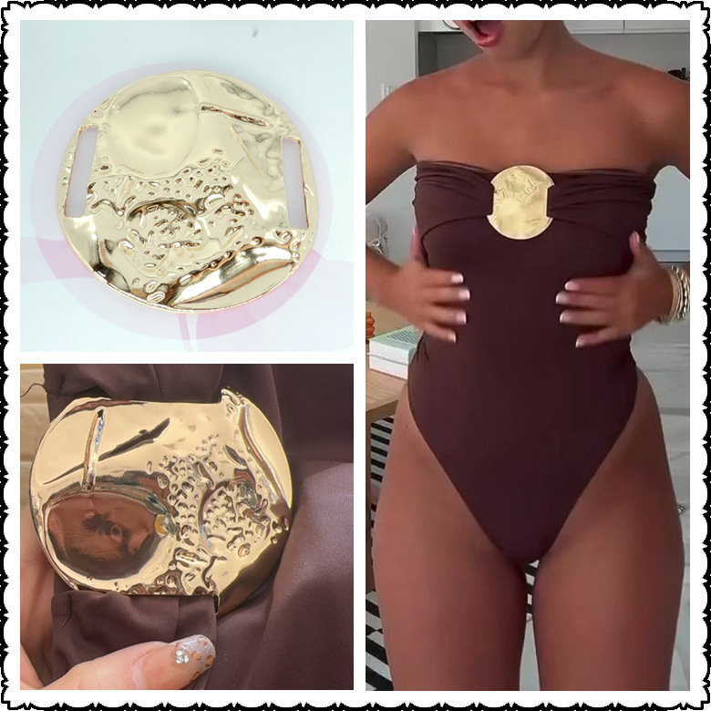 欧美比基尼大尺寸花纹路圆牌穿带扣泳装鸡心位合金实心圆形饰品扣